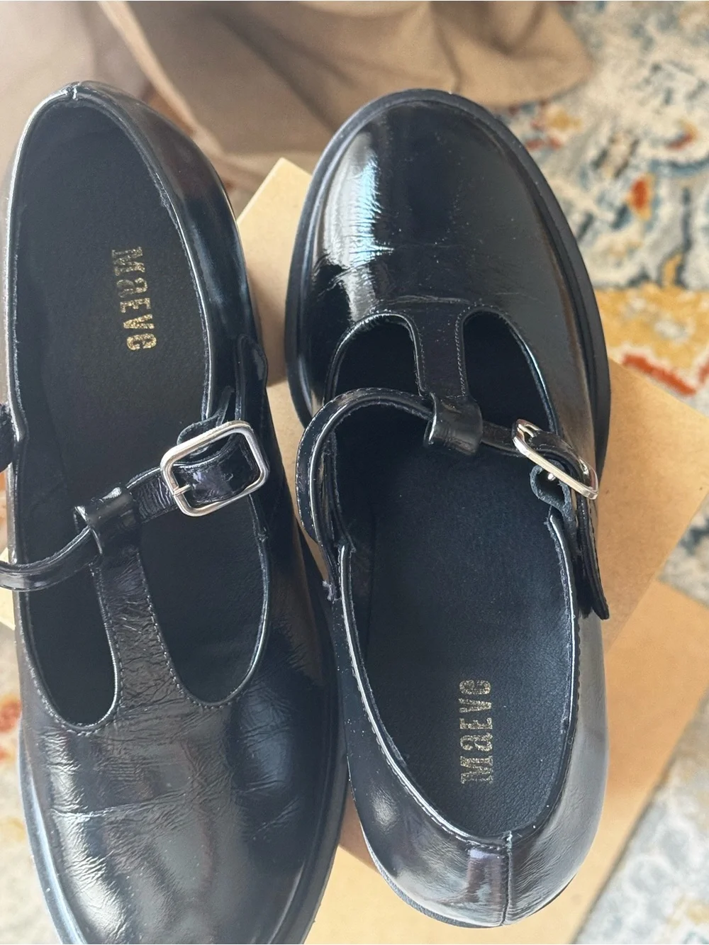 Maeve Black Patent T-Strap Mary Janes with Silver Buckles